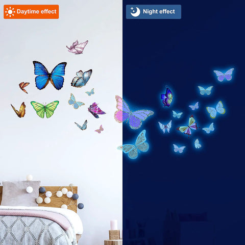 Day and night view of Luminous Butterfly Wall Stickers Set With 58 Pcs Phosphorescent Colorful Wall Art in kids room.