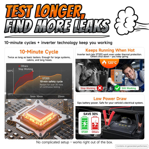 Plumb Line Evap Check Pro Grade Smoke And Air Leak Detector With Adjustable Flow And Pressure Gauge For Intake Exhaust Fuel Systems On 12V Rigs shown with inverter tech and cycle time details.