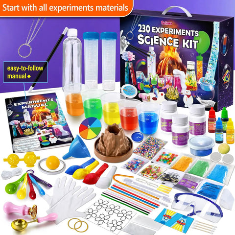 230 Experiments Science Kit For Kids STEM Toys with magic chemistry set, crystals, slime, and educational manual displayed.