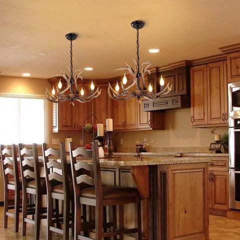 Antler Chandelier Light Fixture With Rustic Deer Design For Dining Room Kitchen Island And Foyer Four Light Brown Finish
