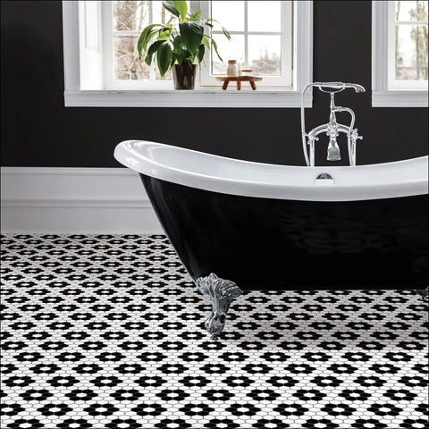 Black And White Geometric Floral Peel And Stick Floor Tiles 12x12 Inch 10 Pack No Grout Needed Water Resistant Vinyl Flooring For Bath