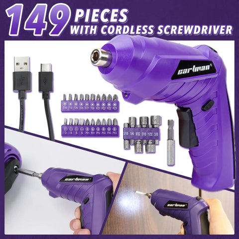 149 Piece Tool Set With Purple Cordless Screwdriver For Home DIY Projects In A Sturdy Household Tool Box Hand Tool Kit