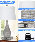 Two Pack Farmhouse Table Lamps With USB Ports For Bedroom Nightstand, 23 Inch Gray Vase Bases And White Shades, Rustic Design
