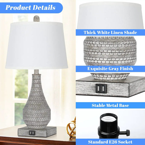 Two Pack Farmhouse Table Lamps With USB Ports For Bedroom Nightstand, 23 Inch Gray Vase Bases And White Shades, Rustic Design