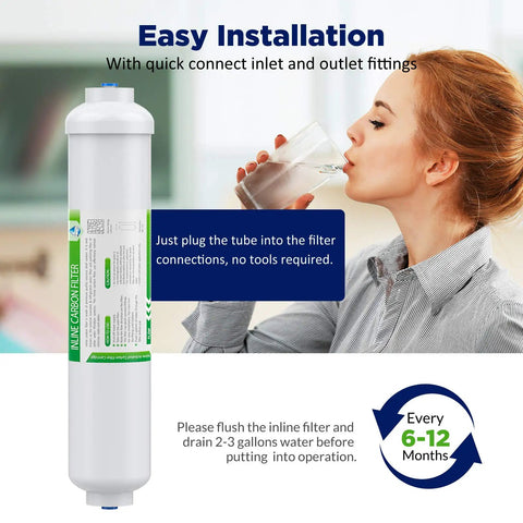 Woman drinking clean water next to two pack 1/4 inch quick connect refrigerator and ice maker filter cartridges post carbon for reverse osmosis systems push to connect replacement for clean safe drinking water at home. Filter shown with installation guidance.