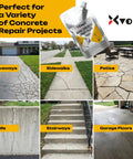 Concrete Crack Filler Workhorse Self Leveling Sealant For Cement And Slab Repair Waterproof High Elasticity Caulk Sealer For Driveways And Patios Quick Drying Sealing Adhesive Two Pack shown in use on various surfaces.