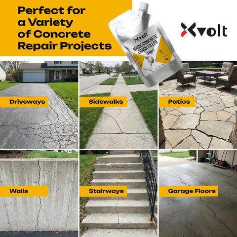 Concrete Crack Filler Workhorse Self Leveling Sealant For Cement And Slab Repair Waterproof High Elasticity Caulk Sealer For Driveways And Patios Quick Drying Sealing Adhesive Two Pack shown in use on various surfaces.
