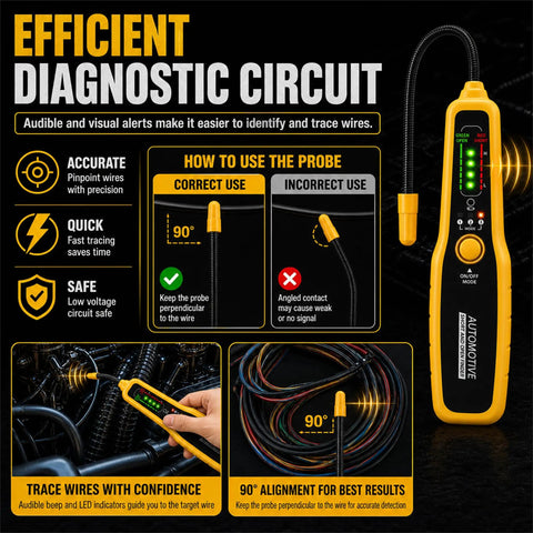 Auto Wire Tracer Open And Short Finder For DC 6 To 42V Vehicles And Home Wiring, yellow handheld circuit tester with probe