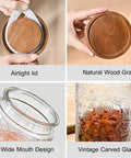 32oz Vintage Glass Jars With Lids Keep It Fresh Airtight Storage Containers featuring wood lid, wide mouth, carved design