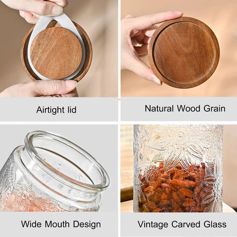 32oz Vintage Glass Jars With Lids Keep It Fresh Airtight Storage Containers featuring wood lid, wide mouth, carved design