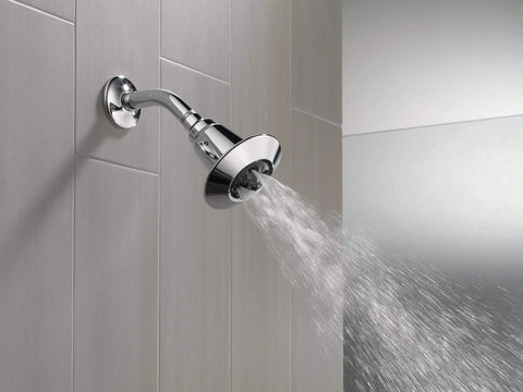 2 Spray H2Okinetic Shower Head In Chrome Delivers 3x Coverage With PowerDrench Spray For Dope Spa Showers, mounted on tiled wall