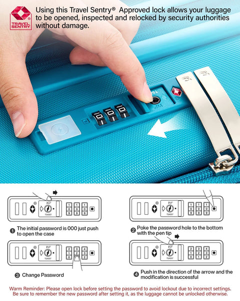Close-up of setting the lock on the Caribbean Blue Expandable 20 Inch Carry On Luggage With Top Opening Design, showing instructions.