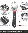 Adjustable wrench with black slip-resistant handle 6.1 inches, accurate scale, chrome vanadium steel, focuses on smooth rotation.