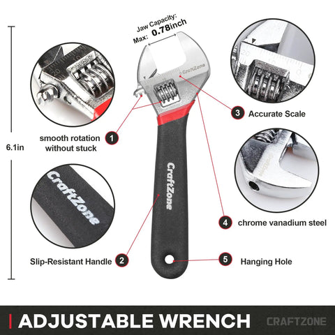 Adjustable wrench with black slip-resistant handle 6.1 inches, accurate scale, chrome vanadium steel, focuses on smooth rotation.