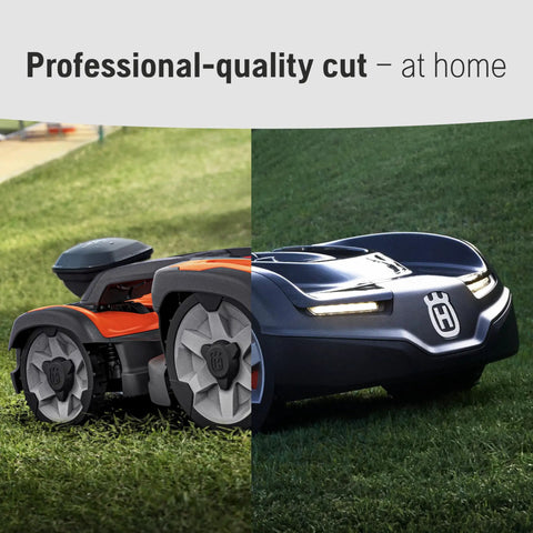 435iQ AWD Automower Robotic Mower For 0.9 Acre Yards in action cutting grass, showcasing wire-free EPOS navigation and design.
