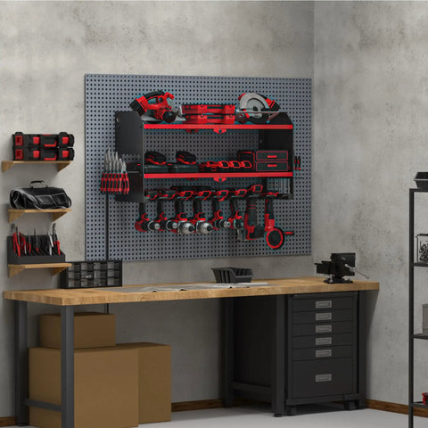 Power Tool Organizer With Charging Station Wall Mount For Garage, Cordless Drill And Battery Holder, Heavy Duty Tool Shelf Rack In Red