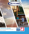 Collage showing Suncast logo, American flag, family dining, and country landscape, emphasizing quality manufacturing in the USA.