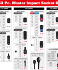 Pro Grade 153-Piece Impact Socket Set For 1/4 Inch, 3/8 Inch, And 1/2 Inch Drives, Heavy Duty CR-MO Steel detailed chart