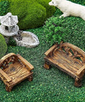 Set Of 2 Miniature Resin Garden Benches For Fairy Village Dollhouse Decor on grass with fountain and sheep