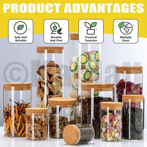 Nine Piece Cork Plugs Set In Three Tapered Sizes 28, 34, 48 Natural Soft Wood Bottle Stoppers with filled glass jars