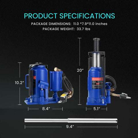 20 Ton Pneumatic Air Hydraulic Bottle Jack With Manual Hand Pump For Cars Trucks And Trailers Heavy Duty Auto Repair Lift Blue Great For Roadside Emergencies Maintenance And Garage Jobs With Adjustable Height And 200 PSI Capacity