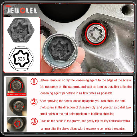 Instructional guide for using 22 Piece Wheel Lock Nut Key Kit For VW Volkswagen Cars Anti Theft Lug Nut Socket Set