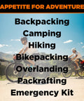 Cyclists on mountain trail, text overlay 'Backpacking, Camping, Hiking', promoting Flash 1.0L Portable Fast Boil Stove For Camping