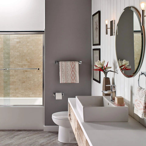 Bathroom interior with Times Square Single Handle Monoblock Faucet in Polished Chrome on modern sink