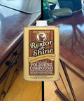 Restor A Shine Hardwood Floor Polish For Wood Furniture Polishing Compound 16 Oz Restores High Gloss Eliminates Fine Scratches Dullness Oxidation And Haze showing before and after results on wooden desk