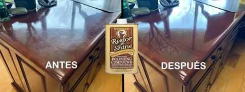Restor A Shine Hardwood Floor Polish For Wood Furniture Polishing Compound 16 Oz Restores High Gloss Eliminates Fine Scratches Dullness Oxidation And Haze showing before and after results on wooden desk