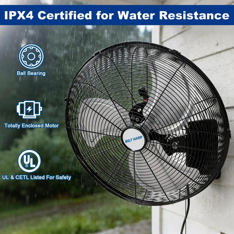 Beefy 20 Inch Wall Mounted Outdoor Fan With 4750 CFM Three Speed Setting Heavy Duty Industrial Weatherproof Design in rain on wall