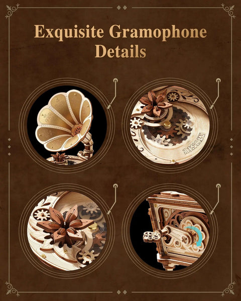 3D Wooden Phonograph Puzzle Kit for Adults, Diva Mechanical Music Box Model to Build, No Batteries Needed, Vintage Wooden Puzzle for Home Decor, DIY Craft Gift for Birthday and Collectors, 6.3x5.7x9.8 in