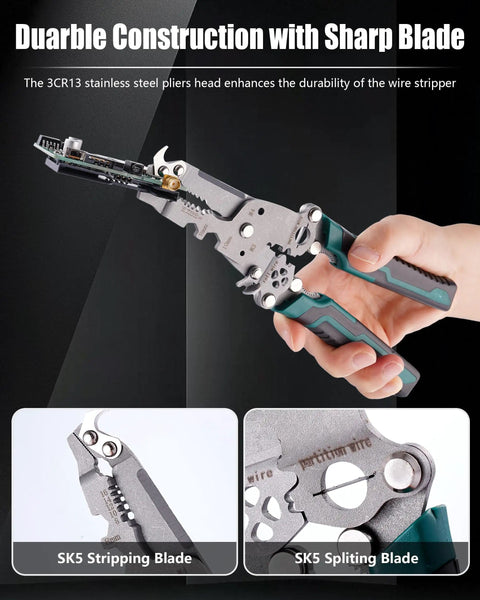 18 In 1 Foldable Wire Stripper Kit With Crimping Pliers Cutter Twister and splitting tool in use, close-up of blades
