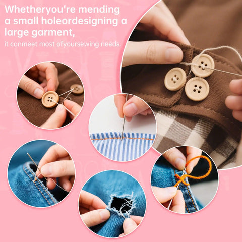 Collage of sewing repairs with All In One Travel Sewing Kit With Colorful Threads Scissors Needles And A Storage Case.