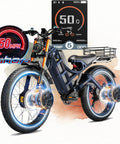 2026 Romeo Pro 3 Adult Electric Ebike With Dope Styling And Dual Motors That Kick 6000 Watts Of Raw Power Through A Heavy Duty Frame Loaded With 60 Volt 80 Ah Cells Sending You 250 Miles Smooth As Butter On Deep Blue Full Suspension Fat Tires showing display and front wheels.