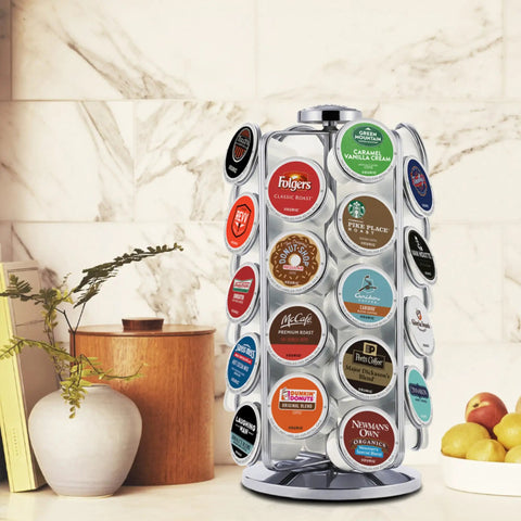 36 Pod Coffee Pod Storage Carousel With 360 Degree Rotation Space Saving Chrome Finish Organizer For K Cup Pods on counter