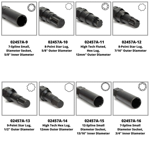 16 Piece Lug Nut Key Set And Wheel Lock Removal Tool Kit For Aftermarket And Factory Wheels SAE And Metric Lock Keys displayed with specifications