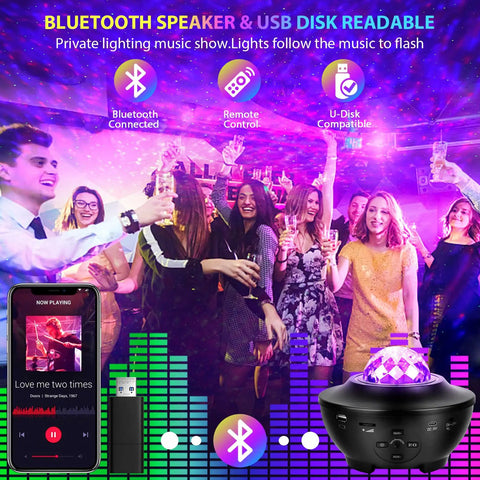 Galaxy Projector Night Light For Bedroom With Bluetooth Speaker, party scene with vibrant lights and dancing people