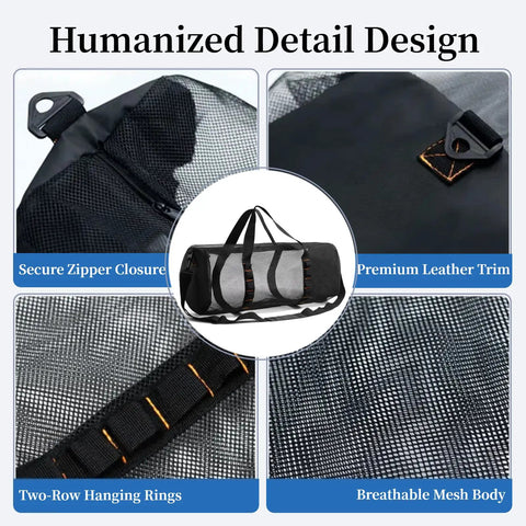 Roomy Mesh Dive Gear Duffle Bag With Zipper And Adjustable Shoulder Strap detailed views of zipper, leather trim, mesh body, and hanging rings