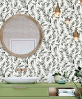 Olive Leaf Peel And Stick Wallpaper 17.7 Inch By 196.8 Inch Sage Green Self Adhesive Vinyl in bathroom with round mirror and plants