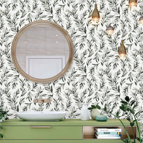 Olive Leaf Peel And Stick Wallpaper 17.7 Inch By 196.8 Inch Sage Green Self Adhesive Vinyl in bathroom with round mirror and plants