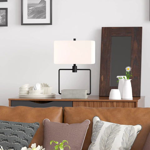22-Inch Modern One-Light Table Lamp With White Rectangle Fabric Shade In Concrete And Blackened Bronze Finish on shelf
