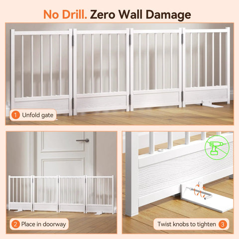 Built Tough No Drill Small Dog Gate 48 Inch Foldable Puppy Barrier For Home Doorways White Metal installed in doorway.