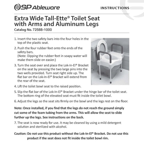 Instruction sheet for Tall-Ette Elevated Toilet Seat with arms and aluminum legs.