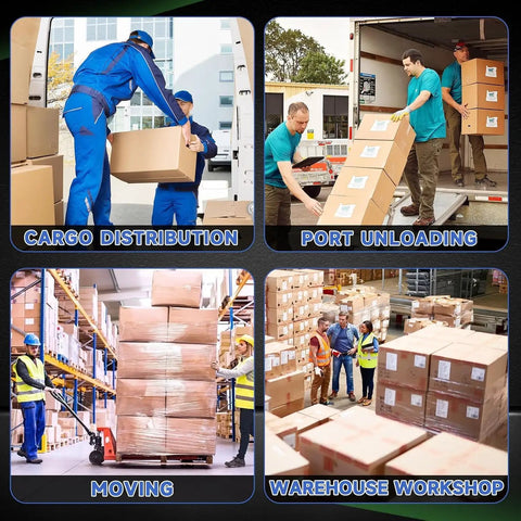 This Insane 1250W Electric Stair Climbing Dolly Handles Up To 900 Lbs With Ease And Features Big 10in Tires Plus Ropes For Heavy Furniture Moves That Will Make Logistics A Breeze On Any Job Site, used by workers in a busy warehouse.
