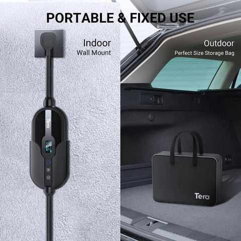 Tesla Friendly Level 1 and Level 2 Electric Vehicle Charger With J1772 32A 8A, wall mount and portable carrier in car trunk
