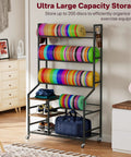 Five Tier Disc Golf Storage Rack With Angled Shelves And Hooks On Wheels, Heavy Duty Disc Organizer in a home setting.