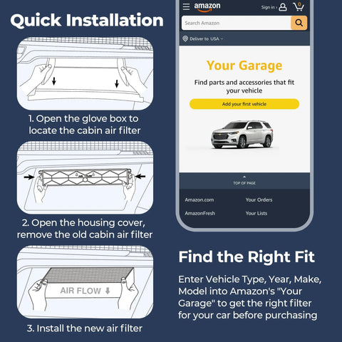 Installation guide for Cabin Air Filter With Activated Carbon For Toyota Camry Sienna RAV4 4Runner Highlander Tundra Corolla And More.