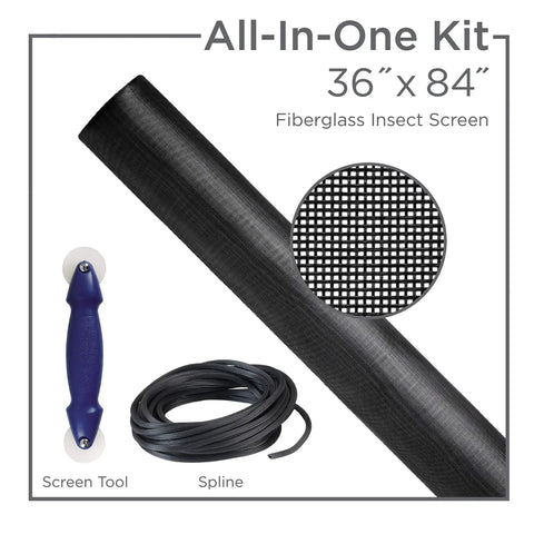 Charcoal Screen Repair Kit For 36 By 84 Inch Windows And Doors With Spline Tool And 0.140 Inch Spline DIY Mesh Fix Bundle