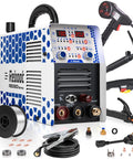 Seven In One Do It All Multi Process Welder With Gas MIG Flux Core Stick Lift TIG And Plasma Cutter Aluminum Welding Dual Voltage 120V 240V Spool Gun Included Great For Home Garage And Farm Repairs showing accessories and controls